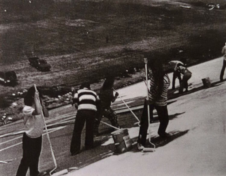 Students painting the bicentennial mural 1976
